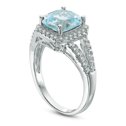 8.0mm Cushion-Cut Blue and White Topaz Frame Split Shank Ring in Sterling Silver