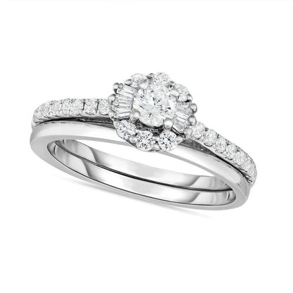 0.75 CT. T.W. Natural Diamond Starburst Bridal Engagement Ring Set in Solid 14K White Gold