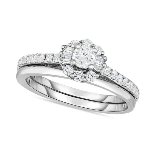 0.75 CT. T.W. Natural Diamond Starburst Bridal Engagement Ring Set in Solid 14K White Gold