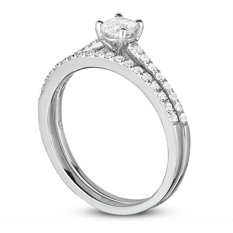 0.75 CT. T.W. Cushion-Cut Natural Diamond Bridal Engagement Ring Set in Solid 14K White Gold