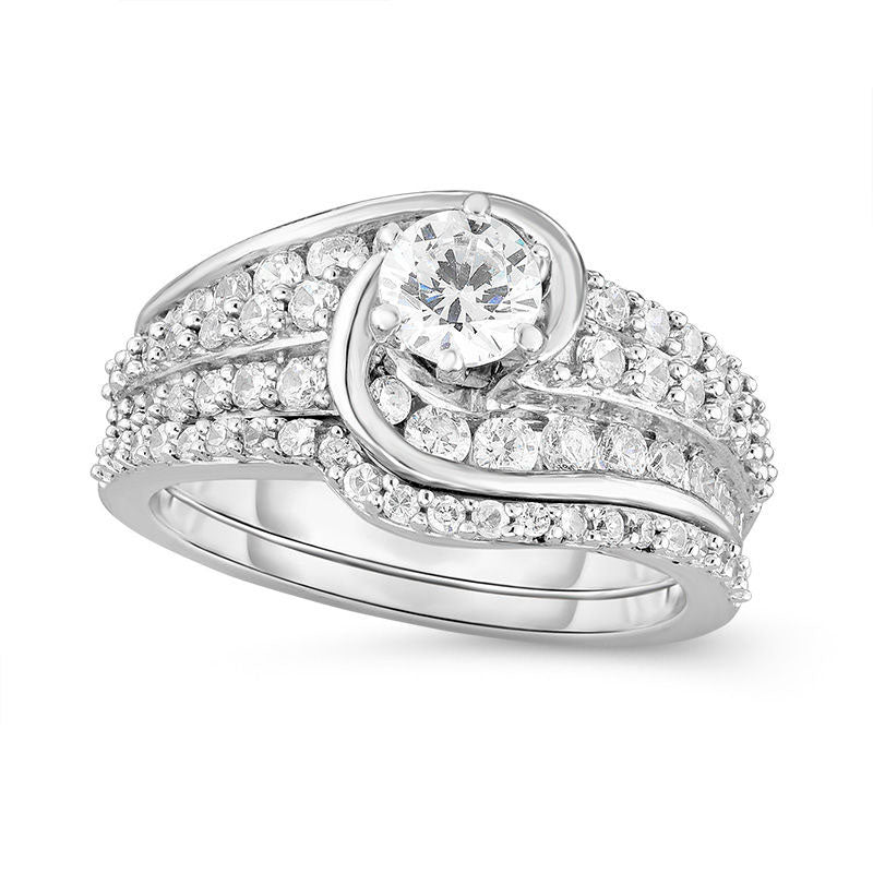 1.63 CT. T.W. Natural Diamond Slant Swirl Bridal Engagement Ring Set in Solid 14K White Gold
