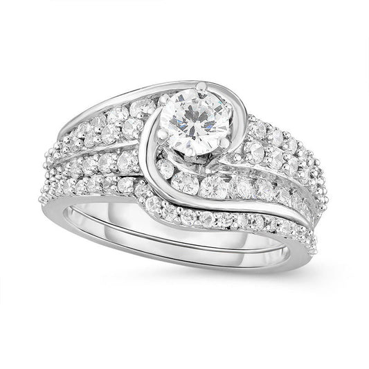 1.63 CT. T.W. Natural Diamond Slant Swirl Bridal Engagement Ring Set in Solid 14K White Gold