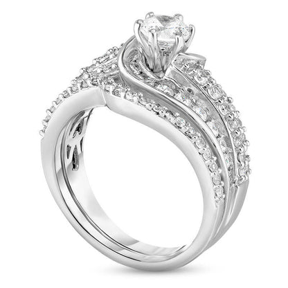 1.63 CT. T.W. Natural Diamond Slant Swirl Bridal Engagement Ring Set in Solid 14K White Gold