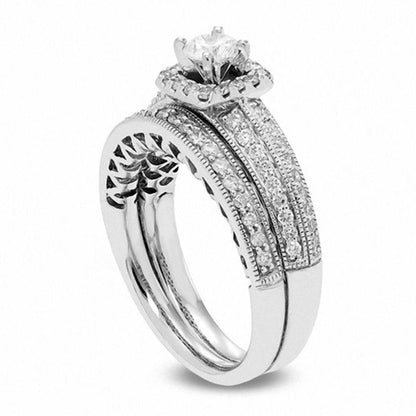 1.0 CT. T.W. Certified Natural Diamond Cushion Frame Antique Vintage-Style Bridal Engagement Ring Set in Solid 14K White Gold (I/I2)