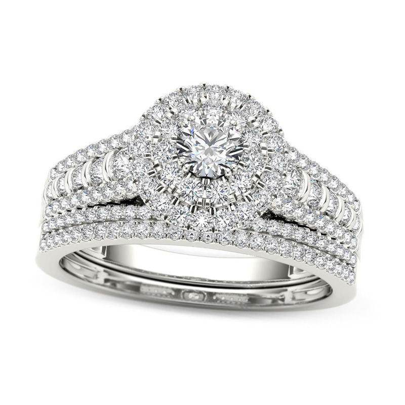 1.0 CT. T.W. Natural Diamond Double Frame Multi-Row Bridal Engagement Ring Set in Solid 14K White Gold