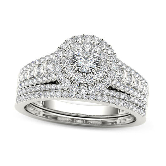 1.0 CT. T.W. Natural Diamond Double Frame Multi-Row Bridal Engagement Ring Set in Solid 14K White Gold