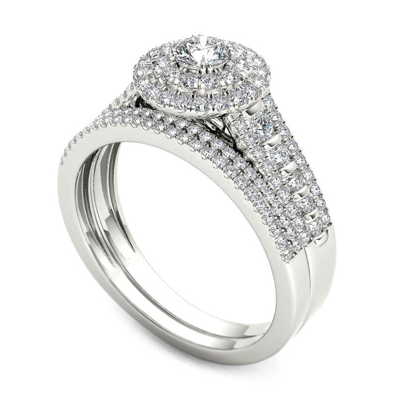 1.0 CT. T.W. Natural Diamond Double Frame Multi-Row Bridal Engagement Ring Set in Solid 14K White Gold
