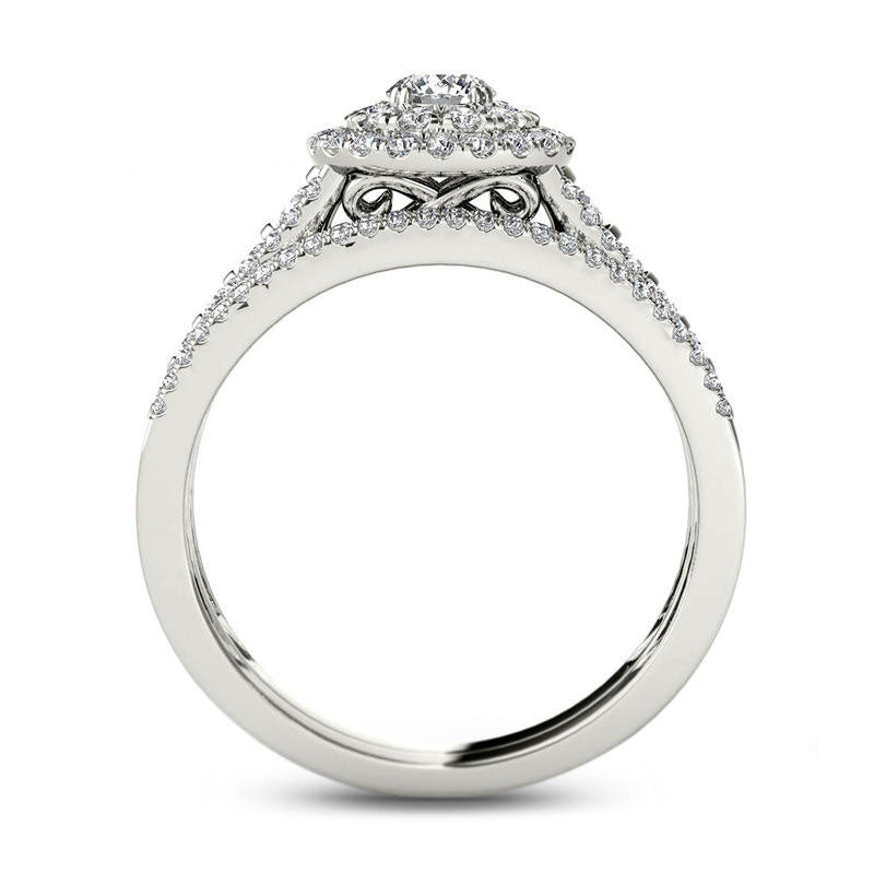 1.0 CT. T.W. Natural Diamond Double Frame Multi-Row Bridal Engagement Ring Set in Solid 14K White Gold
