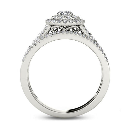 1.0 CT. T.W. Natural Diamond Double Frame Multi-Row Bridal Engagement Ring Set in Solid 14K White Gold