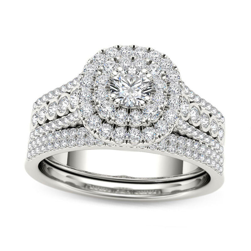 1.0 CT. T.W. Natural Diamond Double Cushion Frame Multi-Row Bridal Engagement Ring Set in Solid 14K White Gold