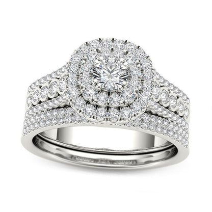 1.0 CT. T.W. Natural Diamond Double Cushion Frame Multi-Row Bridal Engagement Ring Set in Solid 14K White Gold