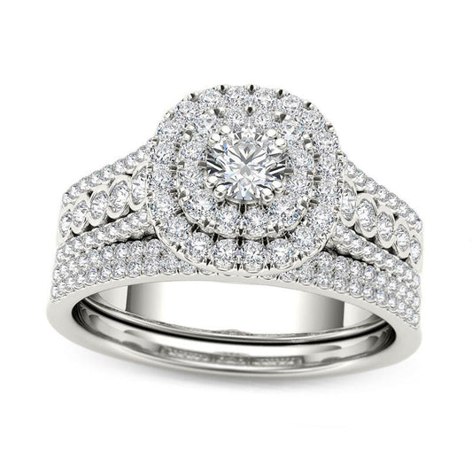 1.0 CT. T.W. Natural Diamond Double Cushion Frame Multi-Row Bridal Engagement Ring Set in Solid 14K White Gold
