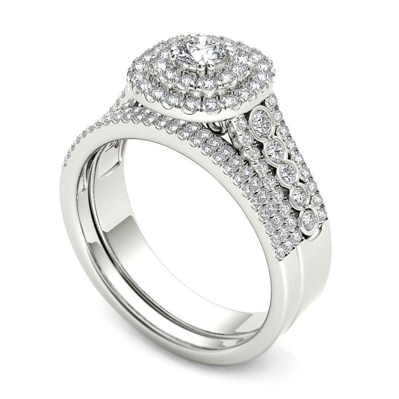 1.0 CT. T.W. Natural Diamond Double Cushion Frame Multi-Row Bridal Engagement Ring Set in Solid 14K White Gold