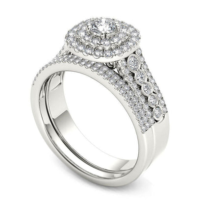 1.0 CT. T.W. Natural Diamond Double Cushion Frame Multi-Row Bridal Engagement Ring Set in Solid 14K White Gold