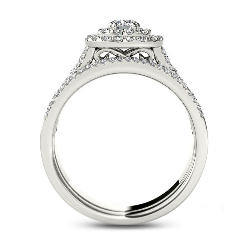 1.0 CT. T.W. Natural Diamond Double Cushion Frame Multi-Row Bridal Engagement Ring Set in Solid 14K White Gold