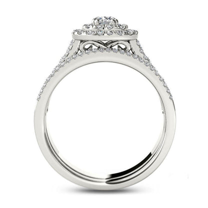 1.0 CT. T.W. Natural Diamond Double Cushion Frame Multi-Row Bridal Engagement Ring Set in Solid 14K White Gold
