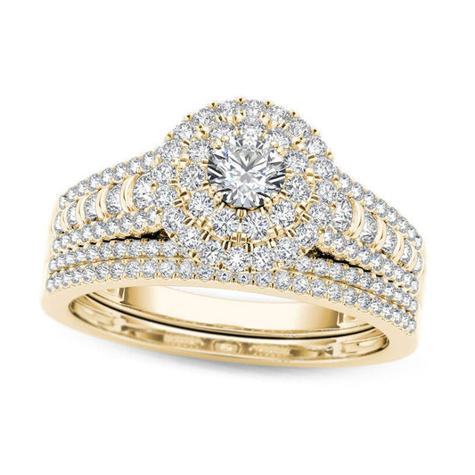 1.0 CT. T.W. Natural Diamond Double Frame Multi-Row Bridal Engagement Ring Set in Solid 14K Gold