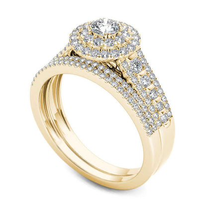 1.0 CT. T.W. Natural Diamond Double Frame Multi-Row Bridal Engagement Ring Set in Solid 14K Gold