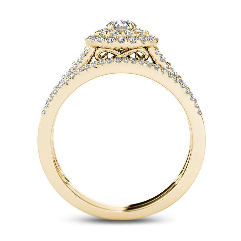 1.0 CT. T.W. Natural Diamond Double Frame Multi-Row Bridal Engagement Ring Set in Solid 14K Gold