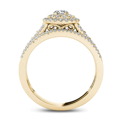 1.0 CT. T.W. Natural Diamond Double Frame Multi-Row Bridal Engagement Ring Set in Solid 14K Gold