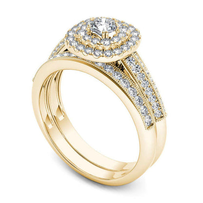 0.88 CT. T.W. Natural Diamond Double Cushion Frame Multi-Row Antique Vintage-Style Bridal Engagement Ring Set in Solid 14K Gold