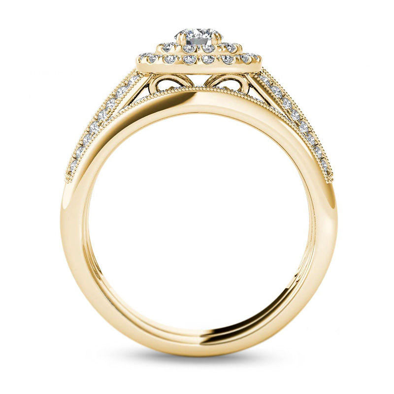 0.88 CT. T.W. Natural Diamond Double Cushion Frame Multi-Row Antique Vintage-Style Bridal Engagement Ring Set in Solid 14K Gold