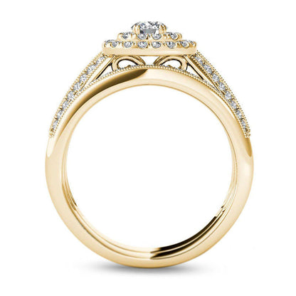 0.88 CT. T.W. Natural Diamond Double Cushion Frame Multi-Row Antique Vintage-Style Bridal Engagement Ring Set in Solid 14K Gold