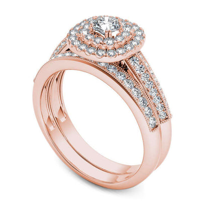 0.88 CT. T.W. Natural Diamond Double Cushion Frame Multi-Row Antique Vintage-Style Bridal Engagement Ring Set in Solid 14K Rose Gold