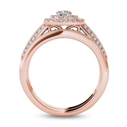 0.88 CT. T.W. Natural Diamond Double Cushion Frame Multi-Row Antique Vintage-Style Bridal Engagement Ring Set in Solid 14K Rose Gold