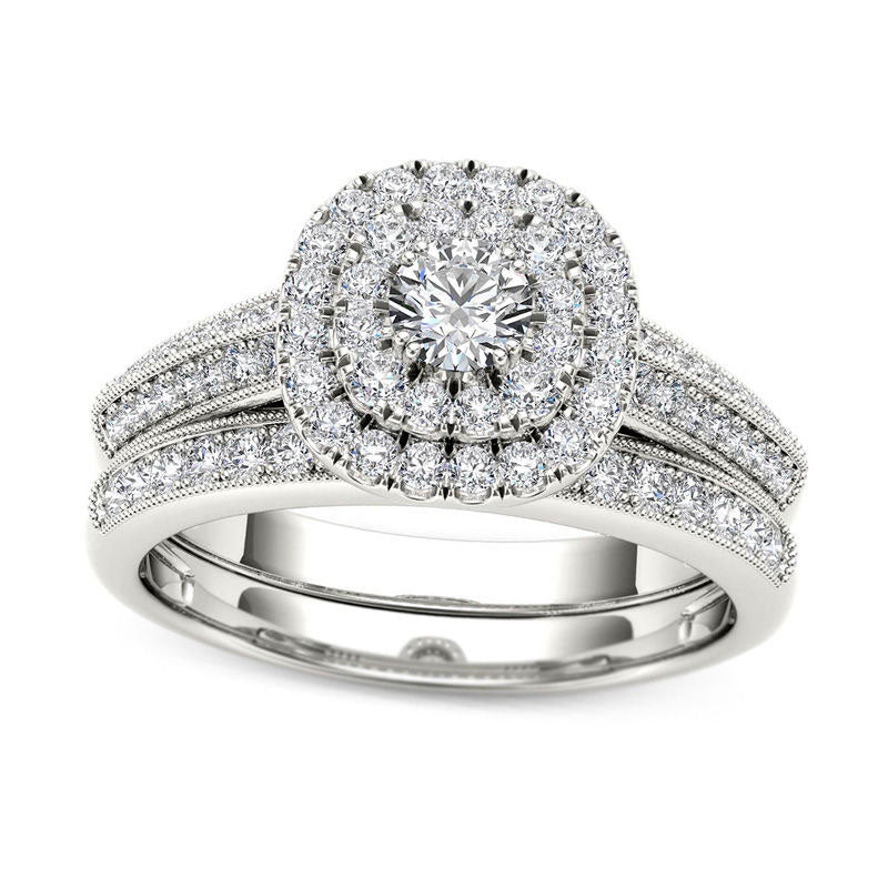 0.88 CT. T.W. Natural Diamond Double Cushion Frame Multi-Row Bridal Engagement Ring Set in Solid 14K White Gold