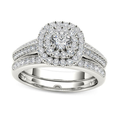 0.88 CT. T.W. Natural Diamond Double Cushion Frame Multi-Row Bridal Engagement Ring Set in Solid 14K White Gold