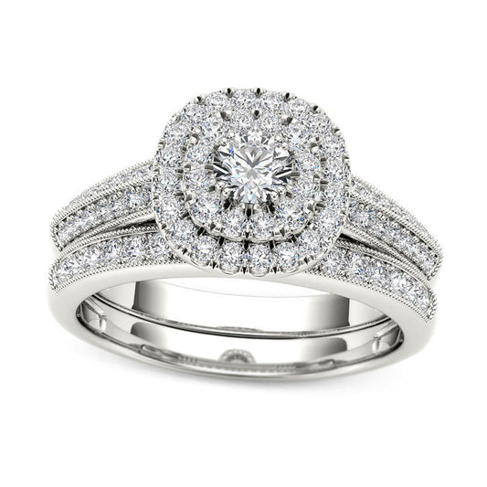 0.88 CT. T.W. Natural Diamond Double Cushion Frame Multi-Row Bridal Engagement Ring Set in Solid 14K White Gold