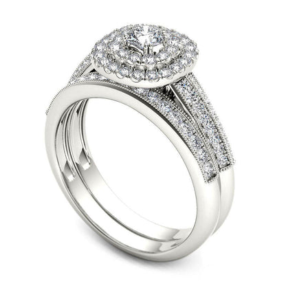 0.88 CT. T.W. Natural Diamond Double Cushion Frame Multi-Row Bridal Engagement Ring Set in Solid 14K White Gold