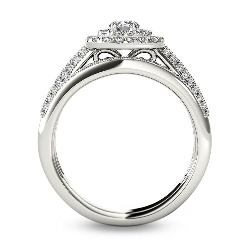 0.88 CT. T.W. Natural Diamond Double Cushion Frame Multi-Row Bridal Engagement Ring Set in Solid 14K White Gold