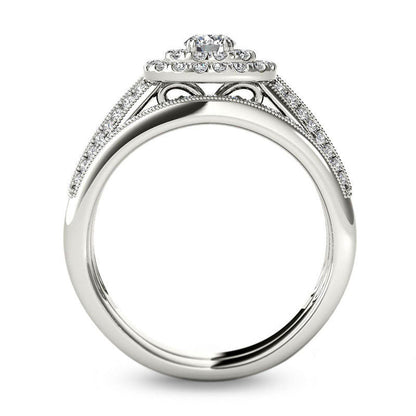 0.88 CT. T.W. Natural Diamond Double Cushion Frame Multi-Row Bridal Engagement Ring Set in Solid 14K White Gold