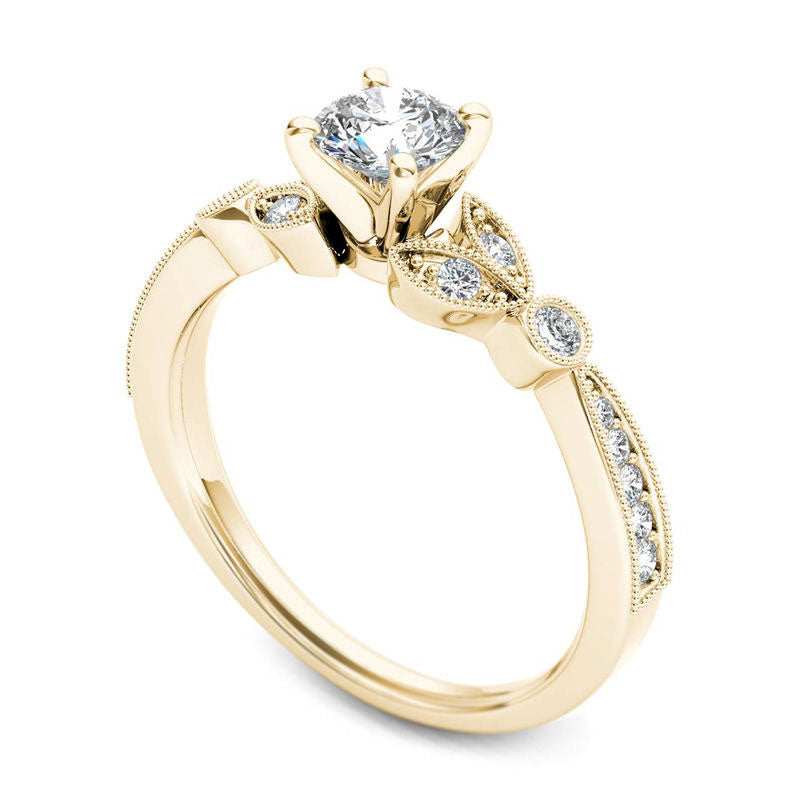 0.63 CT. T.W. Natural Diamond Leaf Antique Vintage-Style Engagement Ring in Solid 14K Gold