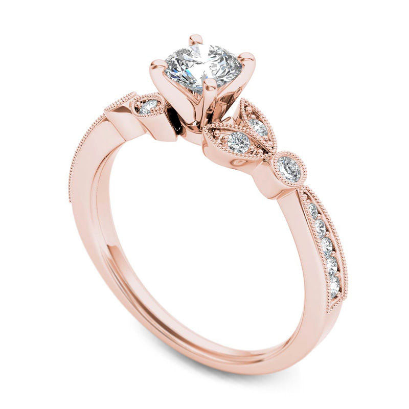 0.63 CT. T.W. Natural Diamond Leaf Antique Vintage-Style Engagement Ring in Solid 14K Rose Gold