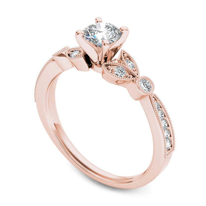 0.63 CT. T.W. Natural Diamond Leaf Antique Vintage-Style Engagement Ring in Solid 14K Rose Gold