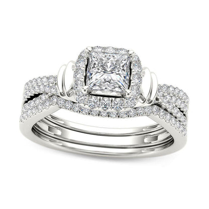 1.0 CT. T.W. Princess-Cut Natural Diamond Frame Multi-Row Three Piece Bridal Engagement Ring Set in Solid 14K White Gold