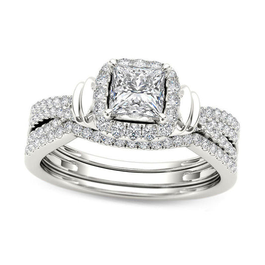 1.0 CT. T.W. Princess-Cut Natural Diamond Frame Multi-Row Three Piece Bridal Engagement Ring Set in Solid 14K White Gold
