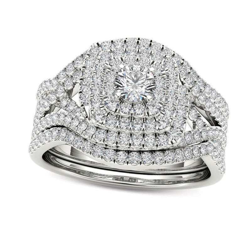 1.0 CT. T.W. Natural Diamond Cushion Frame Split Shank Three Piece Bridal Engagement Ring Set in Solid 14K White Gold