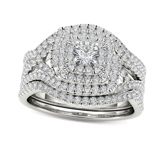 1.0 CT. T.W. Natural Diamond Cushion Frame Split Shank Three Piece Bridal Engagement Ring Set in Solid 14K White Gold