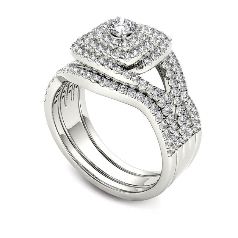 1.0 CT. T.W. Natural Diamond Cushion Frame Split Shank Three Piece Bridal Engagement Ring Set in Solid 14K White Gold