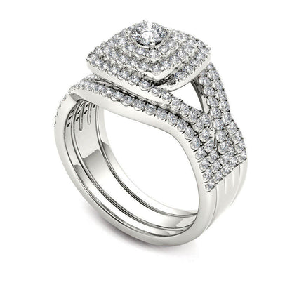 1.0 CT. T.W. Natural Diamond Cushion Frame Split Shank Three Piece Bridal Engagement Ring Set in Solid 14K White Gold