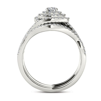 1.0 CT. T.W. Natural Diamond Cushion Frame Split Shank Three Piece Bridal Engagement Ring Set in Solid 14K White Gold