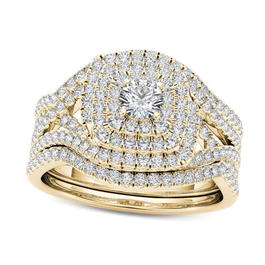 1.0 CT. T.W. Natural Diamond Cushion Frame Split Shank Three Piece Bridal Engagement Ring Set in Solid 14K Gold
