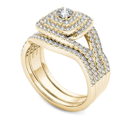 1.0 CT. T.W. Natural Diamond Cushion Frame Split Shank Three Piece Bridal Engagement Ring Set in Solid 14K Gold
