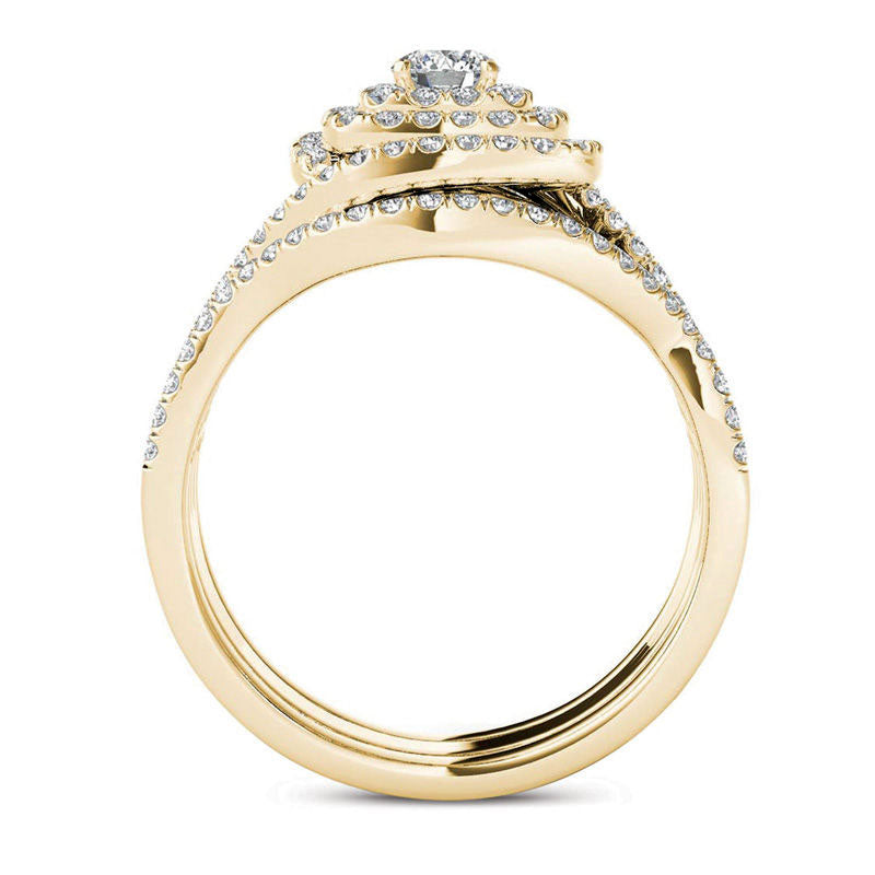 1.0 CT. T.W. Natural Diamond Cushion Frame Split Shank Three Piece Bridal Engagement Ring Set in Solid 14K Gold