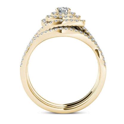 1.0 CT. T.W. Natural Diamond Cushion Frame Split Shank Three Piece Bridal Engagement Ring Set in Solid 14K Gold