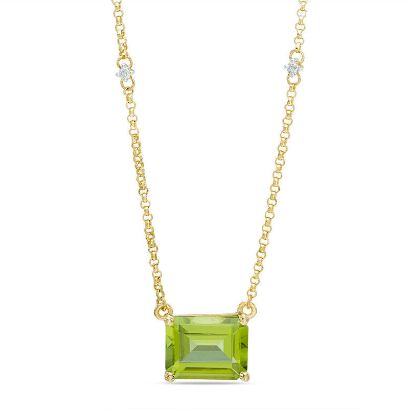 Emerald-Cut Peridot and Natural Diamond Accent Necklace in 10K Yellow Gold